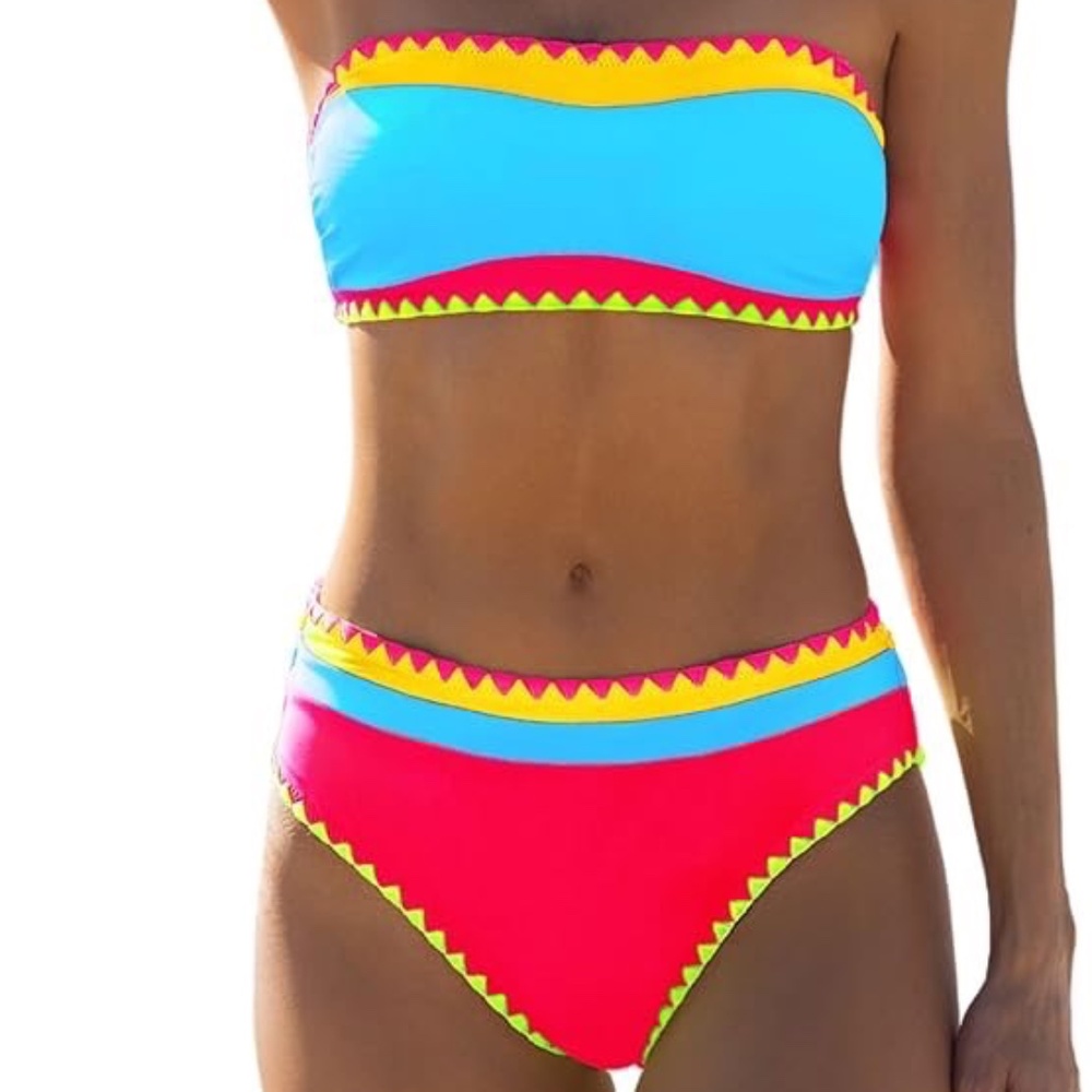 Bright Colorblock Bandeau Bikini Set - Blue, Pink & Yellow